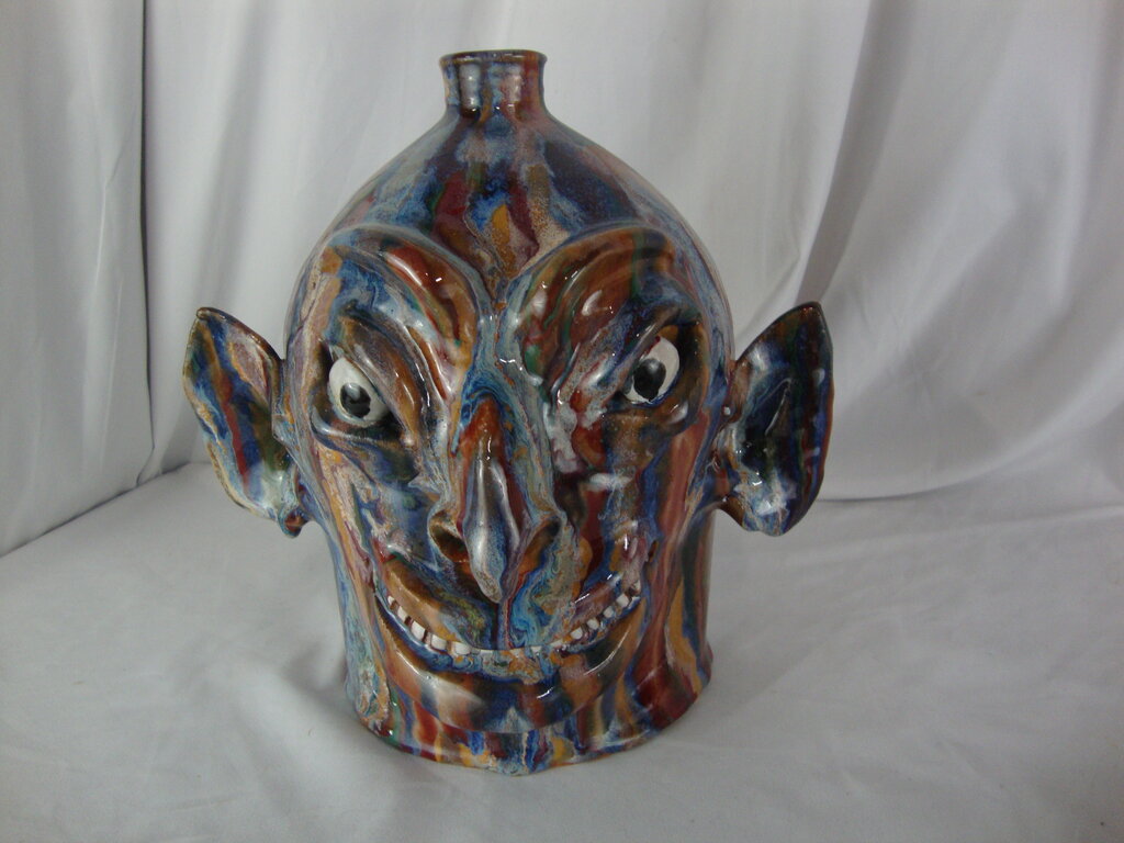Folk Art Marvin Bailey Potter Multi Streaked Pointy Ear Toothy Mouth Ugly Face Jug