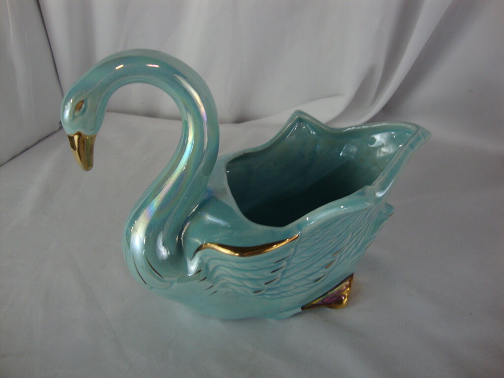 Vintage Royal Copley Aqua Iridescent Gold Ceramic Swan Planter