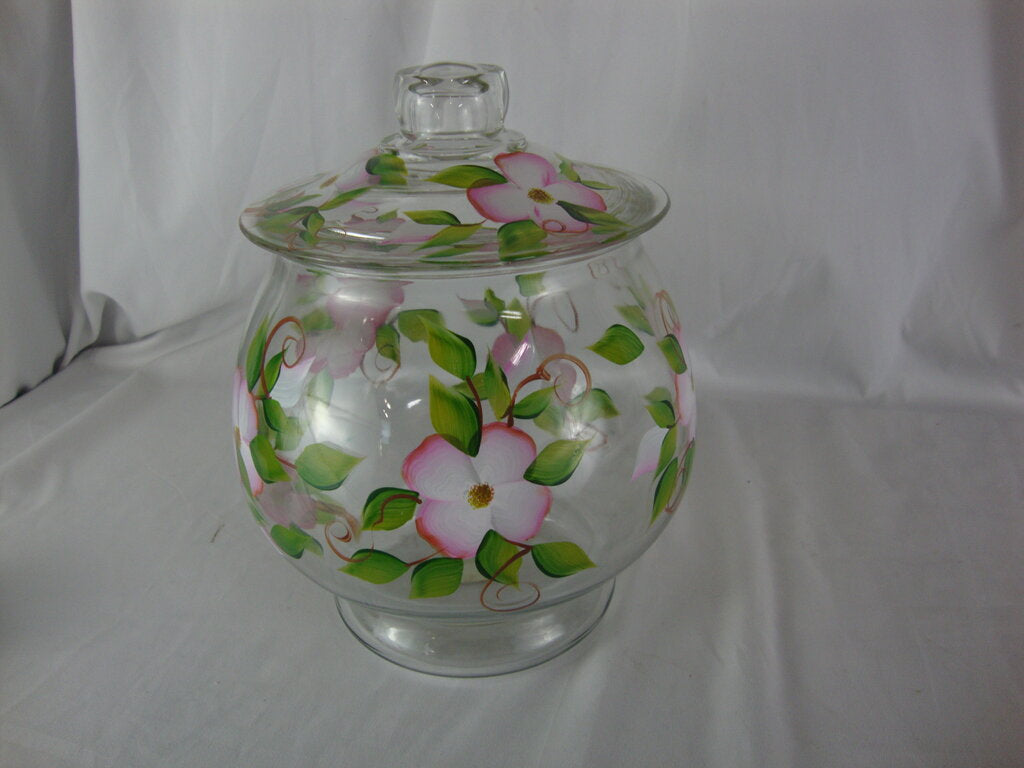 Vintage Handpainted Apple Blossom Clear Glass Cookie Biscuit Jar with Lid