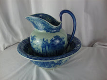 Load image into Gallery viewer, Vintage Victoria Ware Ironstone Flow Blue City Scene Wash Basin and Pitcher Set
