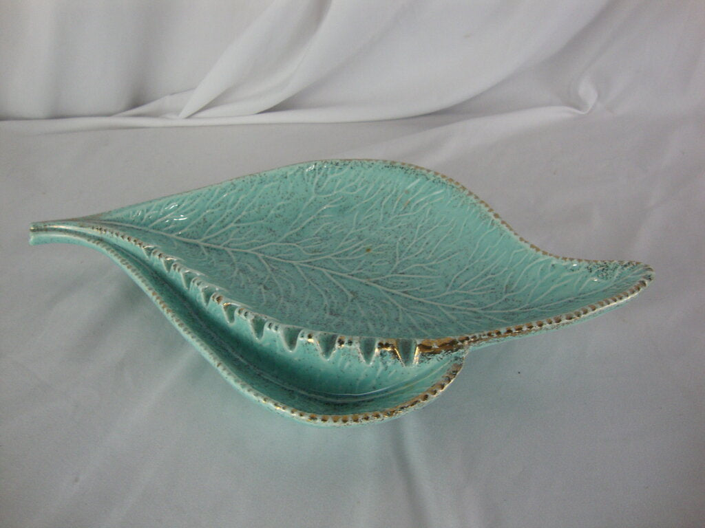 MCM California Pottery Aqua Gold Leaf Ashtray Trinket Dish