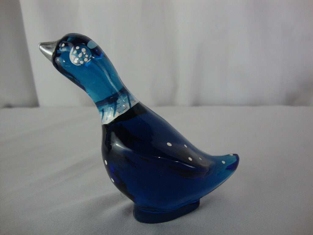 Vintage Fenton Indigo Blue Glass Handpainted Winter Goose Figurine