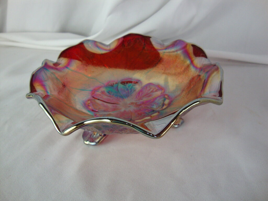 Vintage Imperial Glass Red Carnival Glass Acanthus Leaf Shallow Footed Decor Bowl
