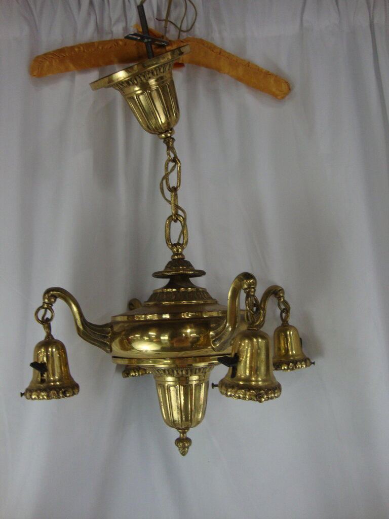 Vintage Brass Four Arm Bell Ceiling Mount Light Fixture UNTESTED