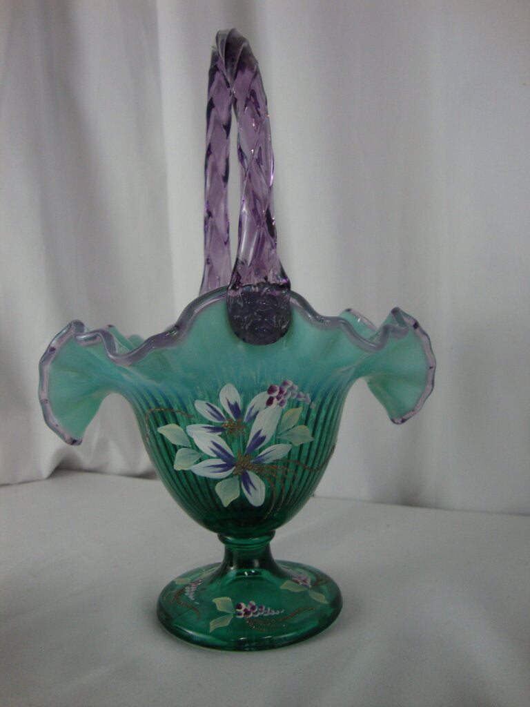 Vintage Fenton New Century Green Purple Handpainted Signed Decor Glass Basket