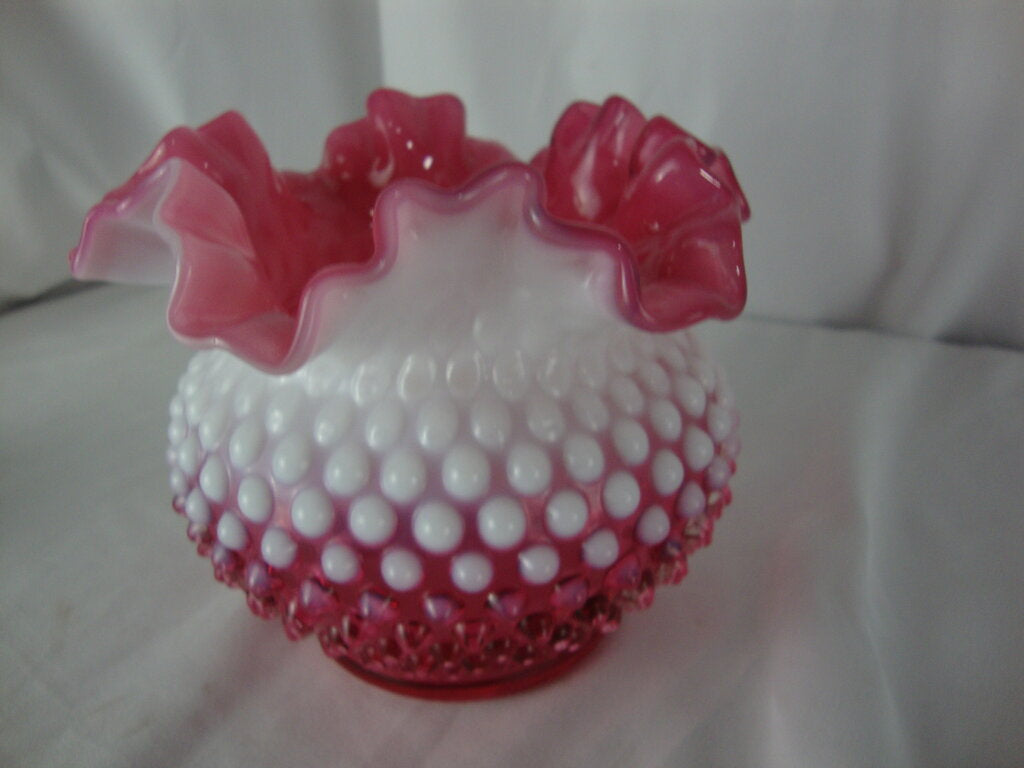 Vintage Fenton Cranberry Opalescent Hobnail Ruffled Bowl Vase