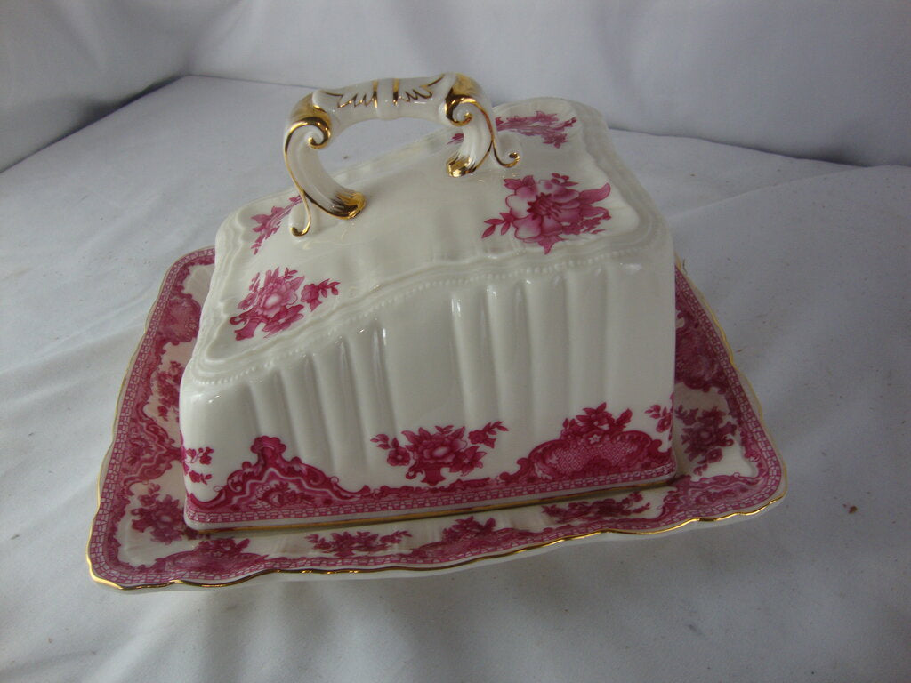 Vintage Bristol House Red Floral Cheese Butter Dish with Angled Dome Lid