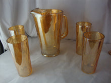 Load image into Gallery viewer, Vintage Jeanette Marigold Carnival Optic Hexagon Beverage Pitcher and Four Glasses Set
