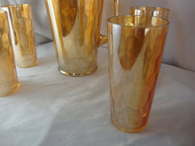 Load image into Gallery viewer, Vintage Jeanette Marigold Carnival Optic Hexagon Beverage Pitcher and Four Glasses Set
