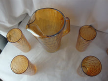 Load image into Gallery viewer, Vintage Jeanette Marigold Carnival Optic Hexagon Beverage Pitcher and Four Glasses Set
