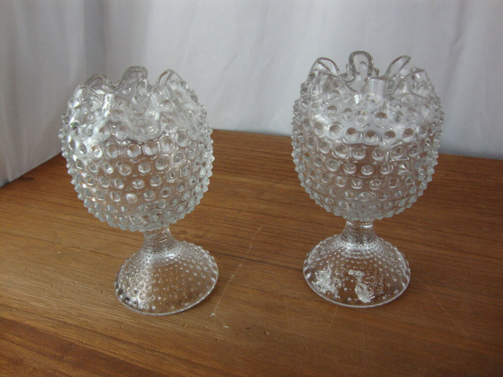 Vintage Duncan Miller Clear Hobnail Pedestal Rose Bowl Vase Set of 2