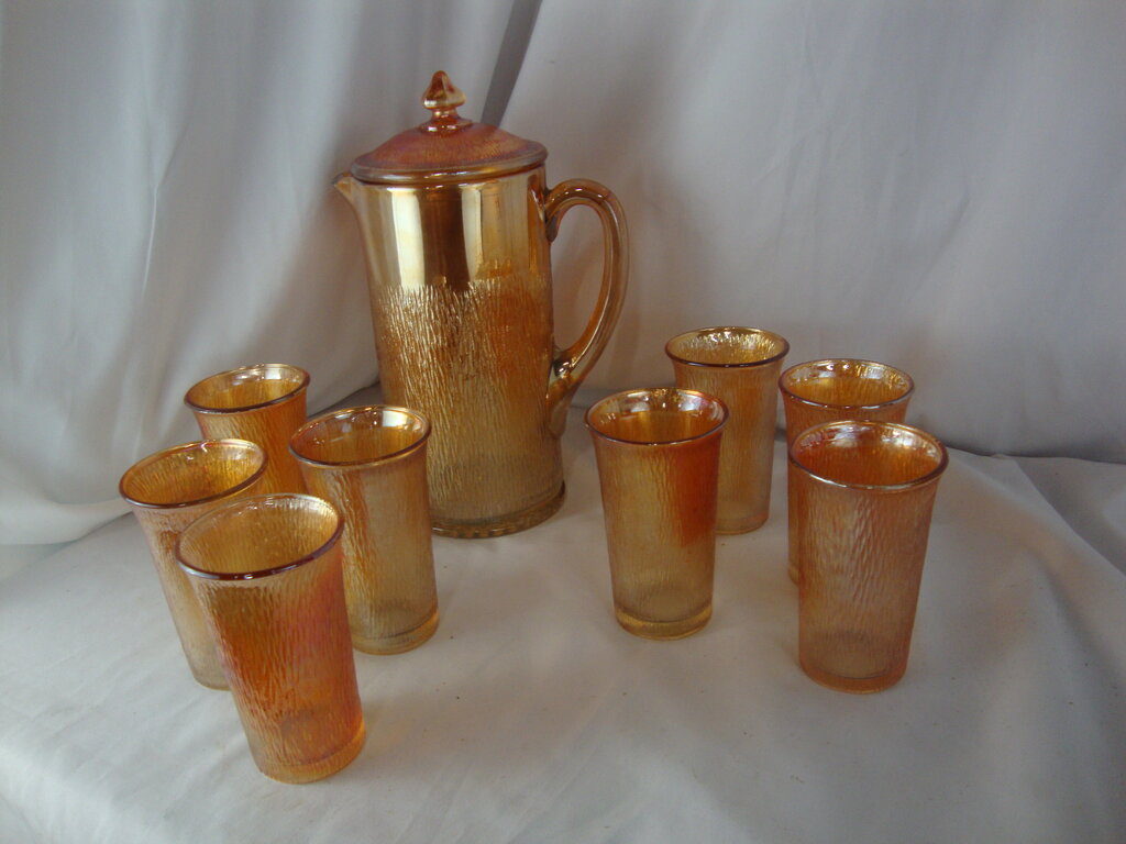 Vintage Jeanette Glass Marigold Carnival Treebark Beverage Pitcher with Lid and Eight Glasses Set