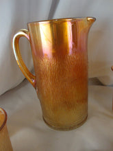 Load image into Gallery viewer, Vintage Jeanette Glass Marigold Carnival Treebark Beverage Pitcher with Lid and Eight Glasses Set

