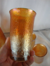 Load image into Gallery viewer, Vintage Jeanette Glass Marigold Carnival Treebark Beverage Pitcher with Lid and Eight Glasses Set
