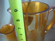 Load image into Gallery viewer, Vintage Jeanette Glass Marigold Carnival Treebark Beverage Pitcher with Lid and Eight Glasses Set
