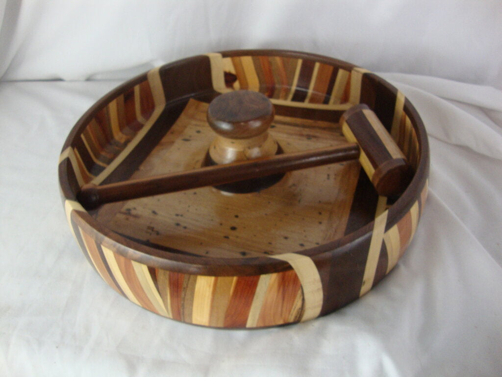 Handcrafted Signed Wood Nutcracker Bowl with Cracker Hammer