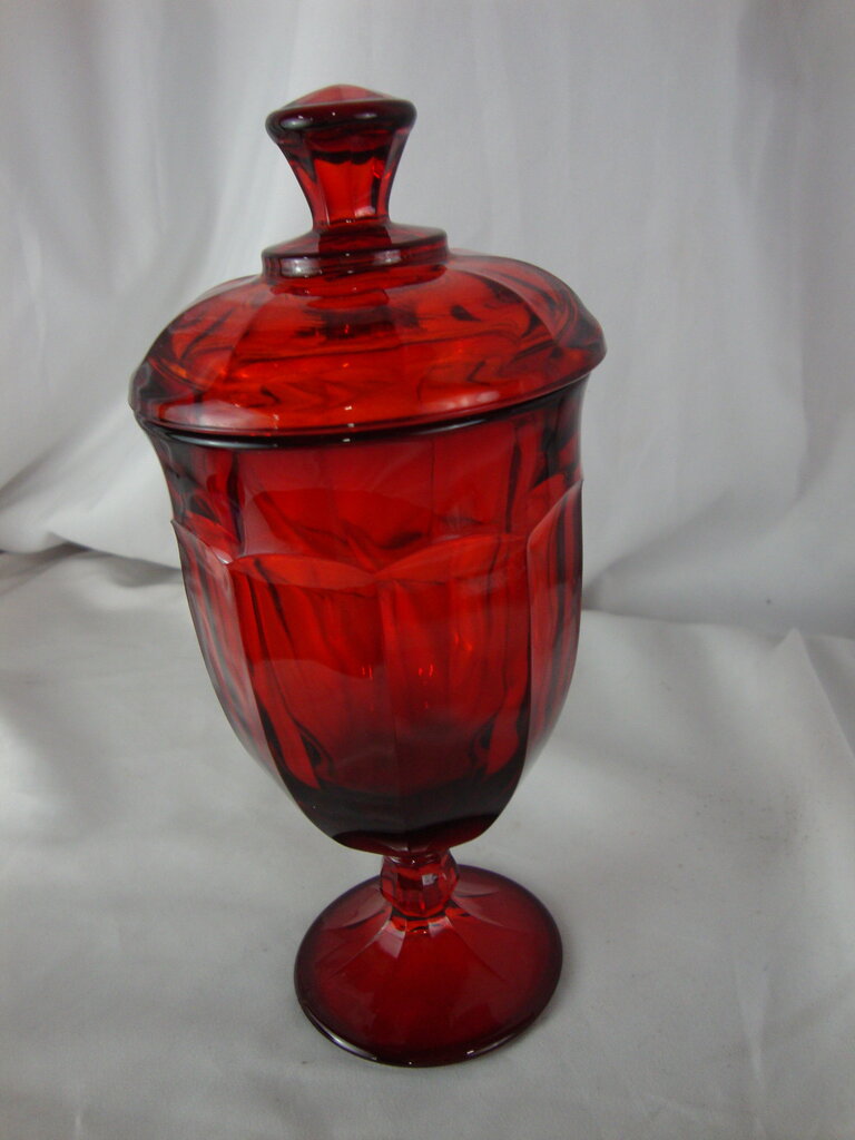 Vintage Ruby Red Glass Pedestal Compote Candy Dish with Lid
