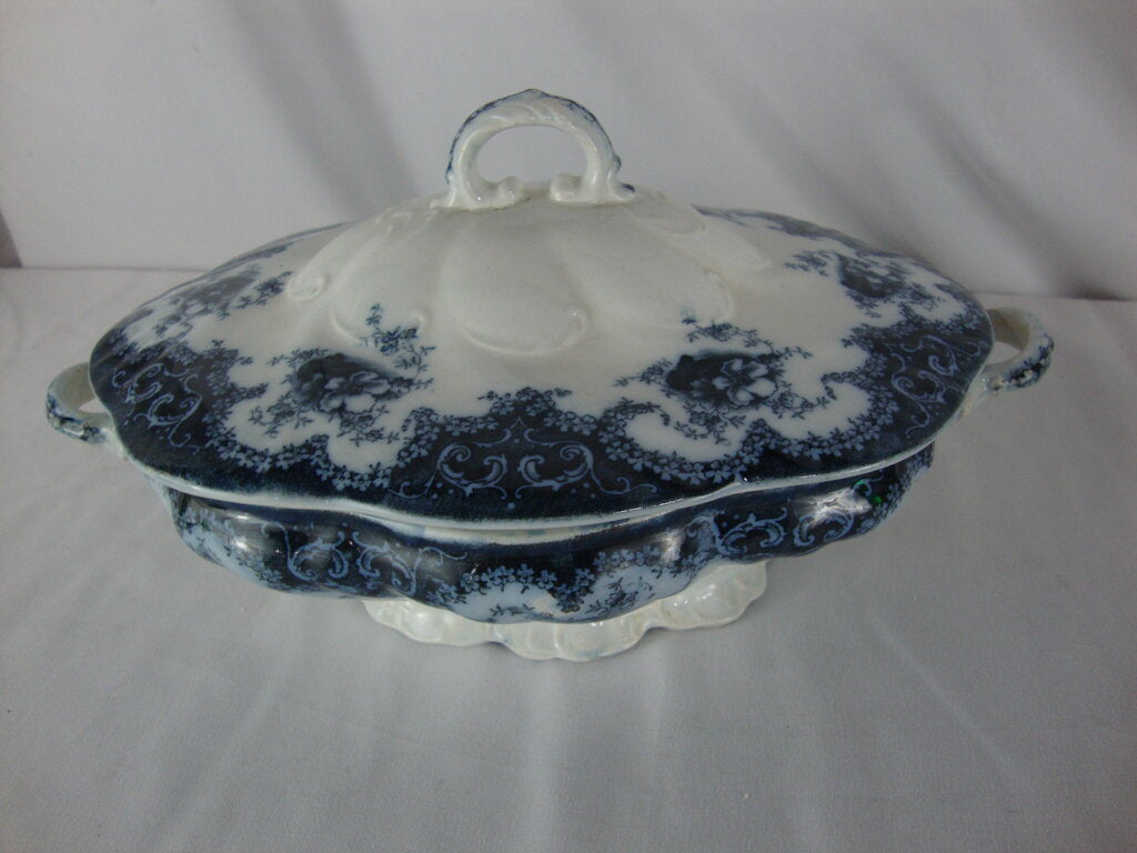 Antique W Adams Rosetta Blue Transferware Covered Casserole Serving Dish
