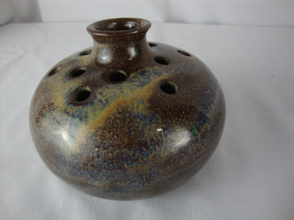 Vintage Teague Pottery NC Brown/Blue Drip Glaze Pottery 12 Slot Flower Frog Vase