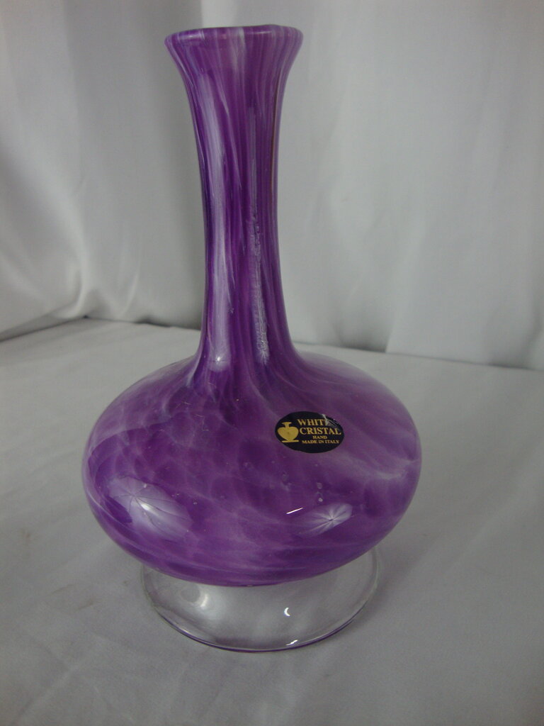 Vintage White Cristal Italy Purple White Swirl Blown Glass Pedestal Vase