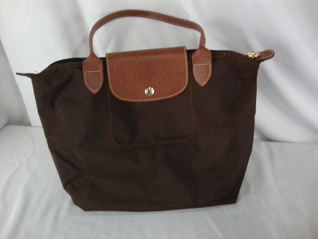 Longchamp France Dark Brown Canvas Body Leather Strap Medium Shoulder Hand Bag Purse