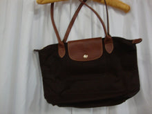 Load image into Gallery viewer, Longchamp France Dark Brown Canvas Body Leather Strap Medium Shoulder Hand Bag Purse
