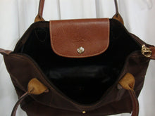 Load image into Gallery viewer, Longchamp France Dark Brown Canvas Body Leather Strap Medium Shoulder Hand Bag Purse
