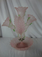 Load image into Gallery viewer, Antique Victorian Pink Green Textured Glass Three Horn Epergne Two Leaf Centerpiece Bowl
