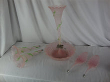 Load image into Gallery viewer, Antique Victorian Pink Green Textured Glass Three Horn Epergne Two Leaf Centerpiece Bowl
