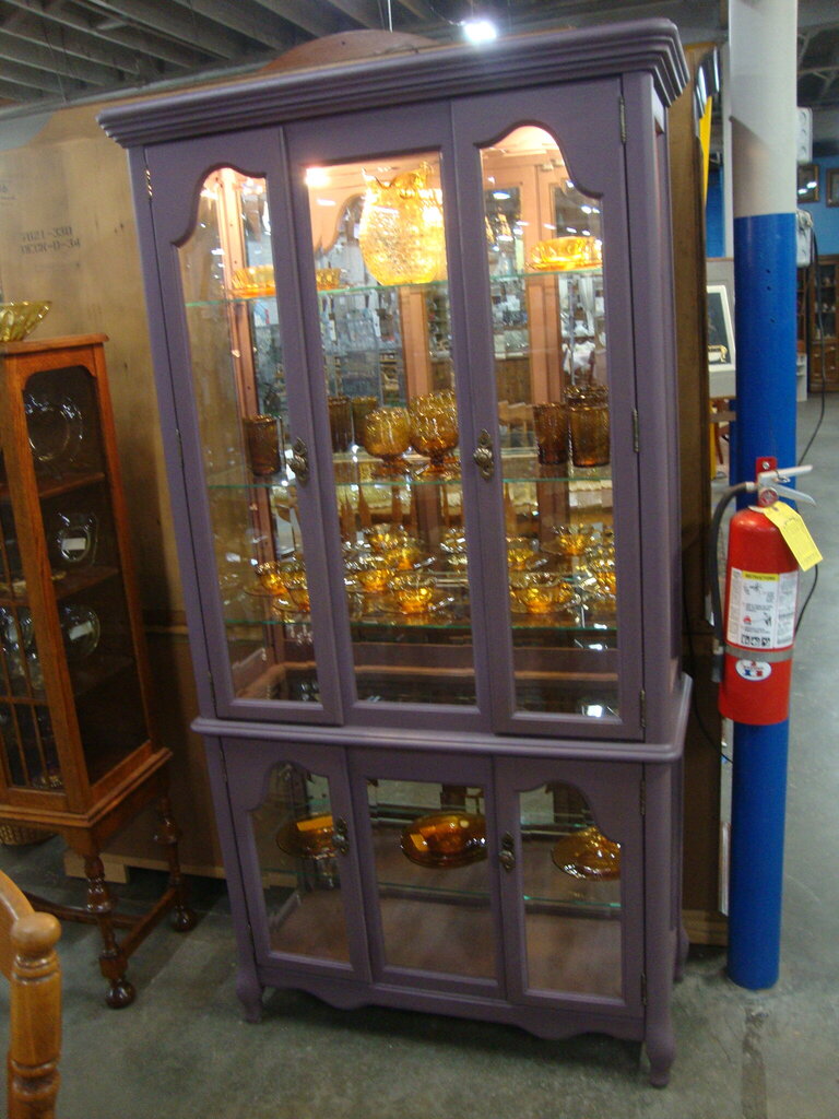 Vintage Painted Oak Beveled Glass China Display Lighted One Piece Cabinet