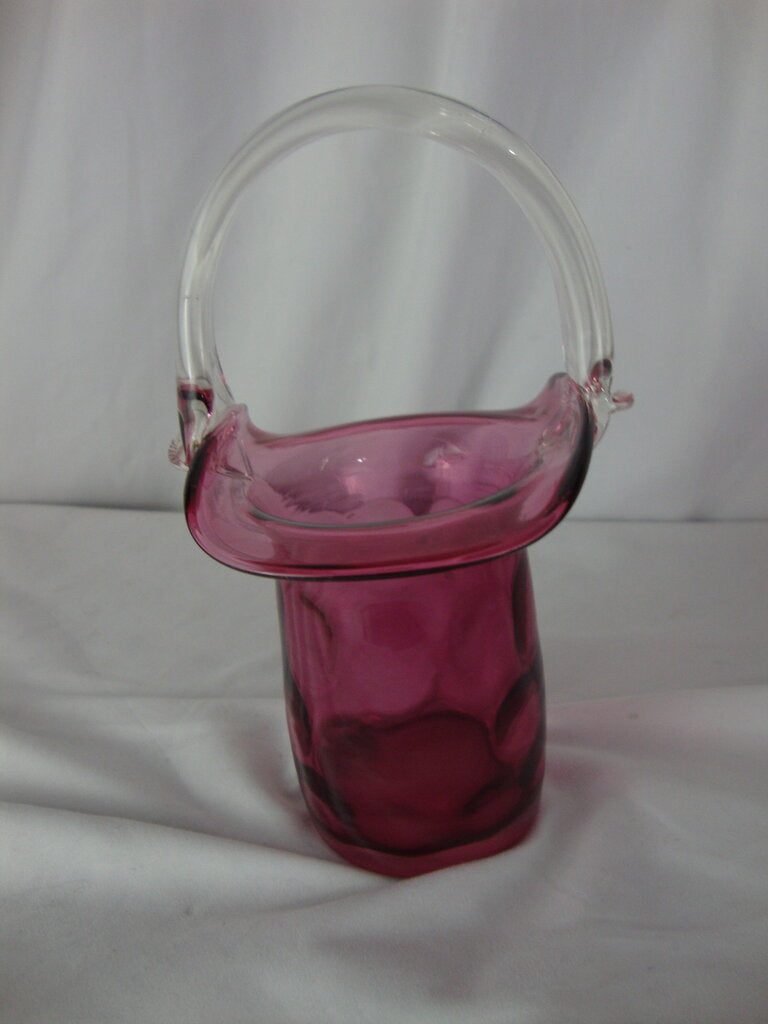 Vintage Fenton Cranberry Thumbprint Glass Basket with Clear Handle
