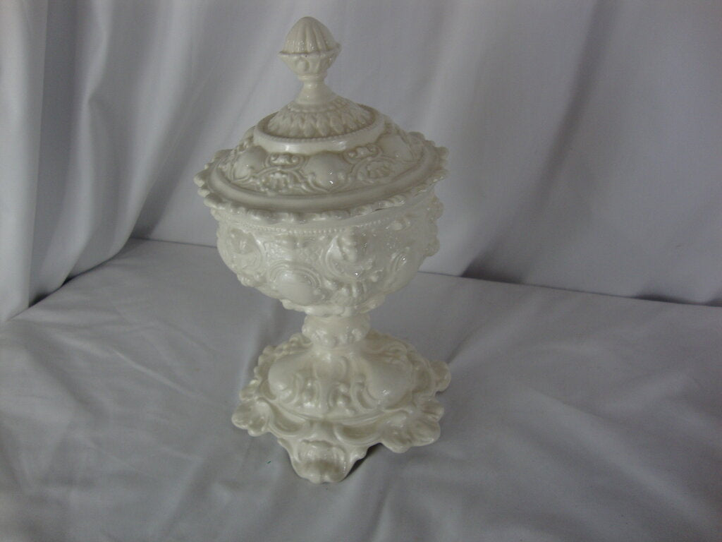 Vintage Cream Ceramic Pedestal Scrollwork Compote Candy Lidded Bowl