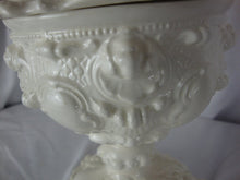 Load image into Gallery viewer, Vintage Cream Ceramic Pedestal Scrollwork Compote Candy Lidded Bowl
