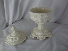 Load image into Gallery viewer, Vintage Cream Ceramic Pedestal Scrollwork Compote Candy Lidded Bowl
