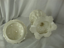 Load image into Gallery viewer, Vintage Cream Ceramic Pedestal Scrollwork Compote Candy Lidded Bowl
