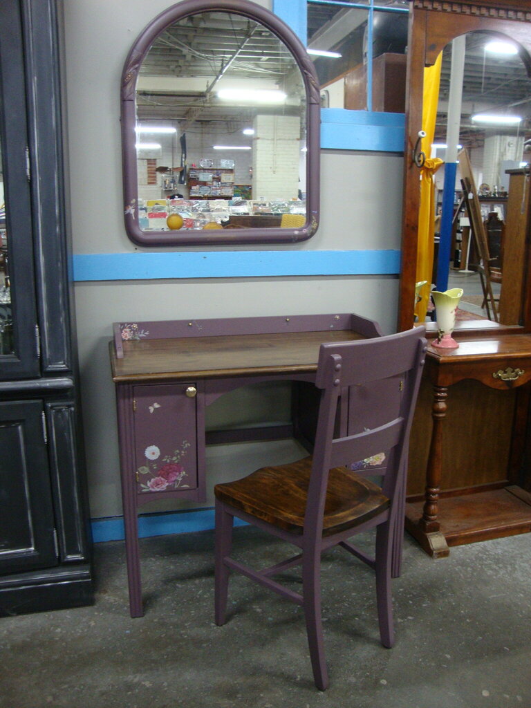 Vintage Custom Painted with Transfers Vanity Desk, Chair and Mirror Set