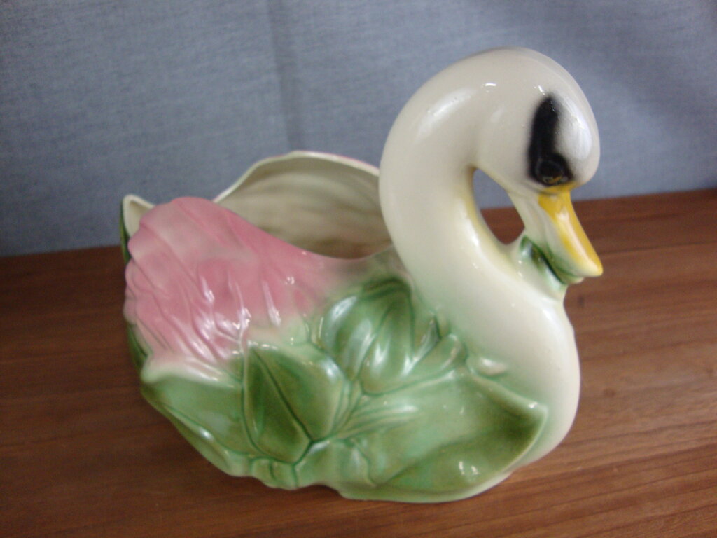 Vintage USA Ceramic Cream/Pink/Green Swan Bird Planter