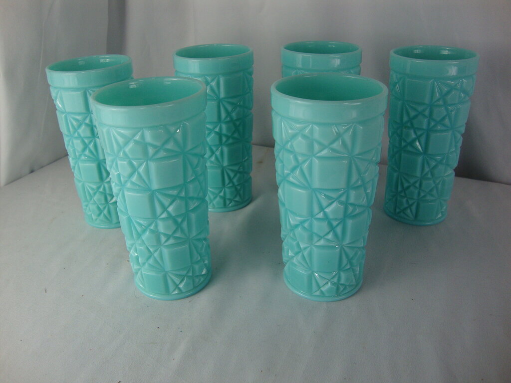 1950s Fenton Unmarked Block and Star Turquoise Milk Glass Tumblers Set of 6