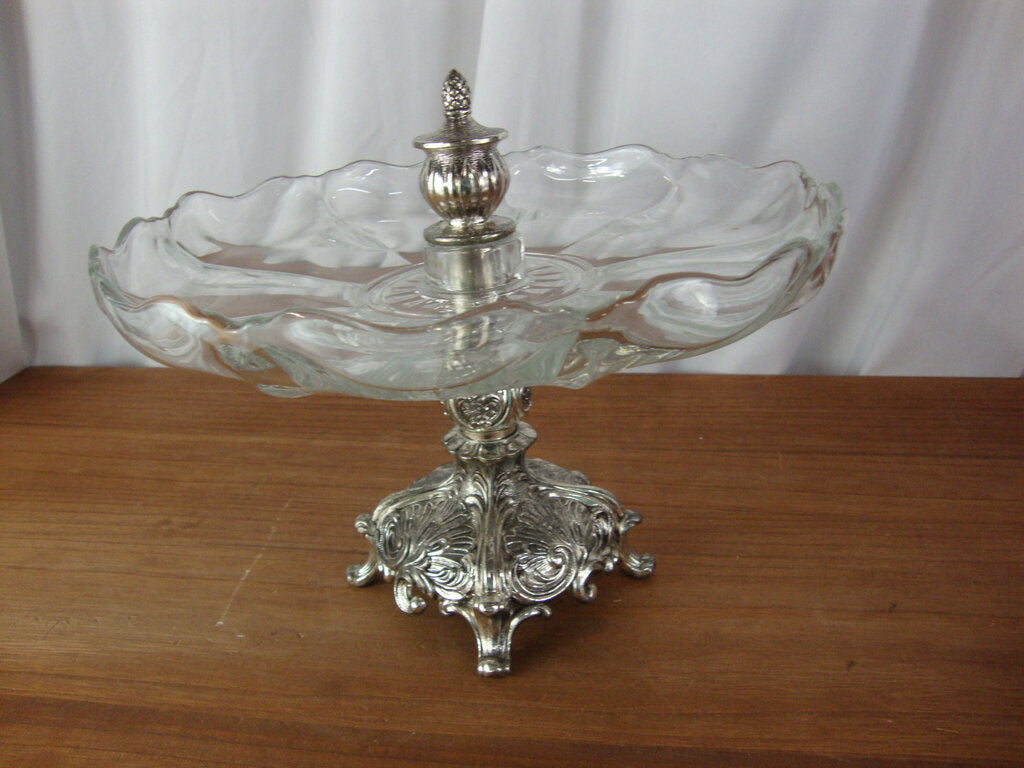 Vintage Glass with Silver Tone Metal Appetizer Dessert Base Stand