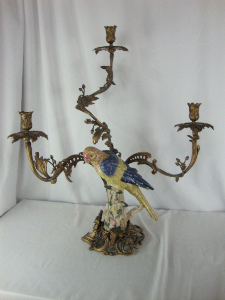 Vintage Brass 3 Arm Candleabra with Ceramic Parrot on Base