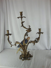Load image into Gallery viewer, Vintage Brass 3 Arm Candleabra with Ceramic Parrot on Base
