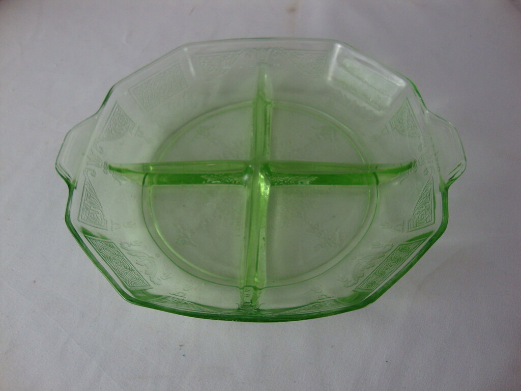 Vintage Anchor Hocking Princess Vaseline Glass Shallow Divided Dish with Handles