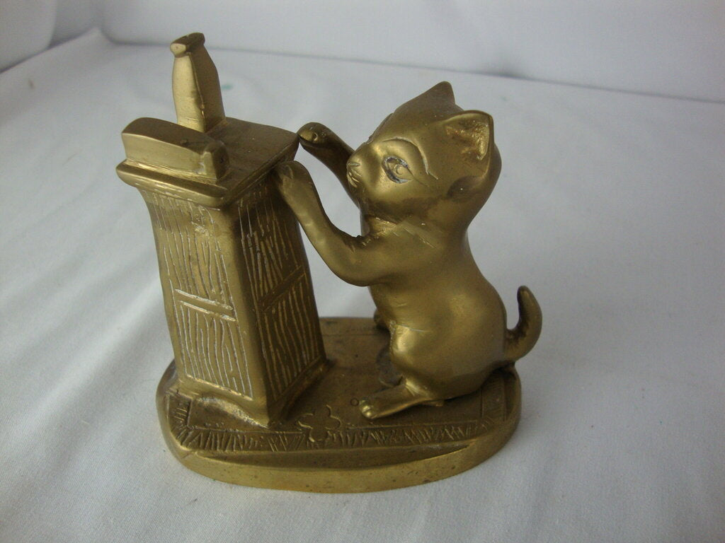 Vintage Solid Brass Naughty Kitten with Spilled Milk Figurine