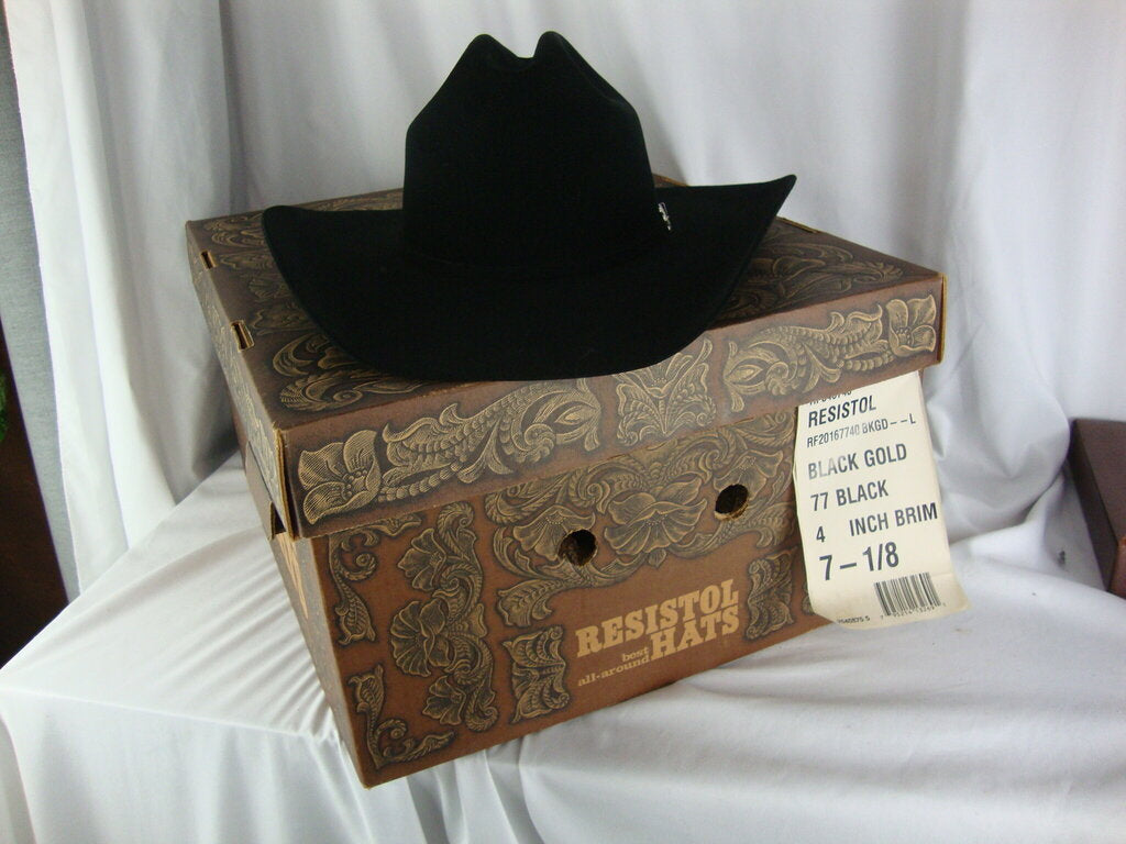 Resistol 20X 7 1/8 4 Inch Mens Brim Black Gold Self Conforming Cowboy Hat with Box