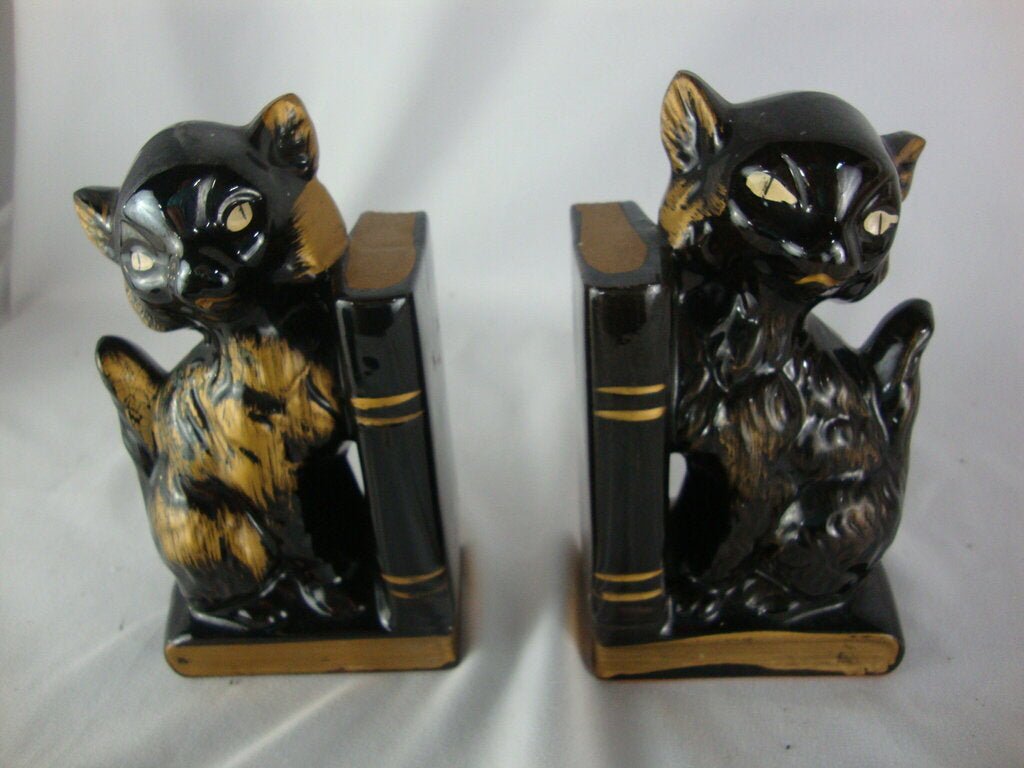 MCM Retro Black/Gold Cat Bookends Pen Holders Set of 2