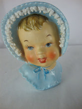 Load image into Gallery viewer, Vintage Blue Baby Head Vase Spaghetti Bow Bonnet Trim
