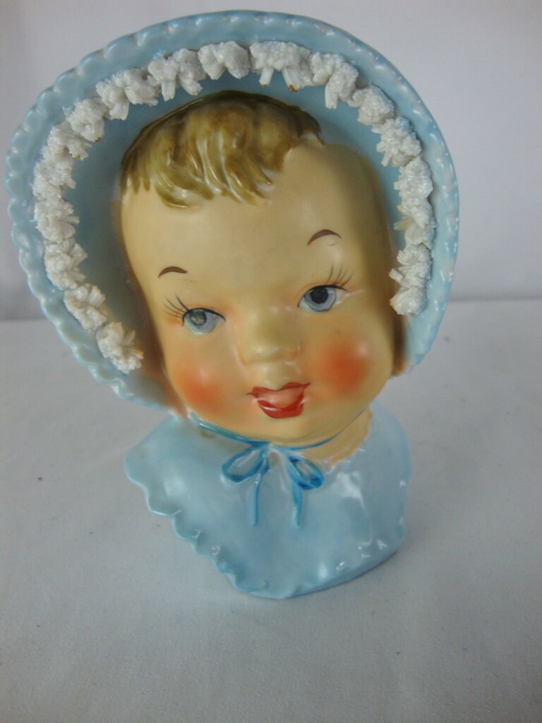 Vintage Blue Baby Head Vase Spaghetti Bow Bonnet Trim
