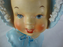 Load image into Gallery viewer, Vintage Blue Baby Head Vase Spaghetti Bow Bonnet Trim
