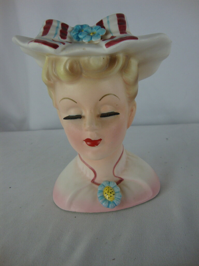 Vintage Lefton 2358 Blonde Hair Pink Dress Hat with Bow Flowers Head Vase