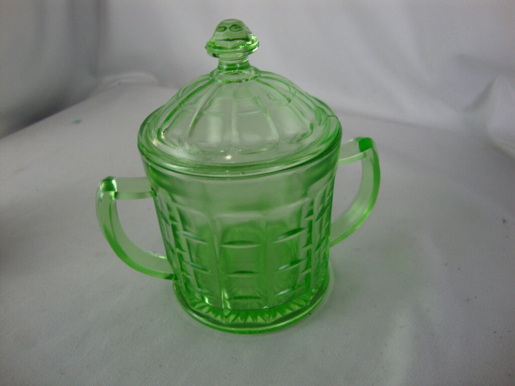 Vintage Hazel Atlas Optic Block Uranium Vaseline Glass Sugar Bowl with Lid